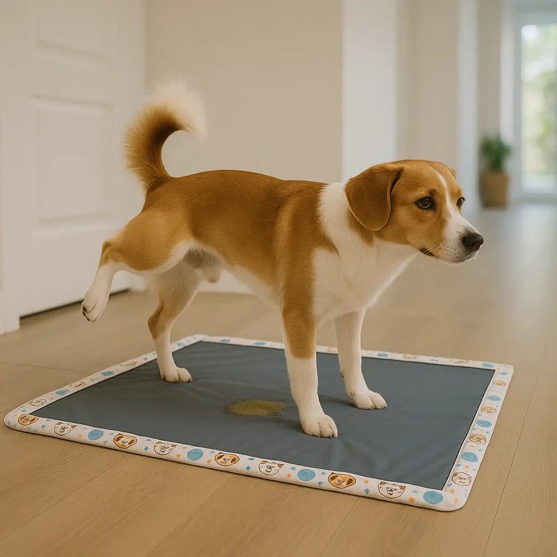 cachorro usando tapete higiênico lavável azul reutilizável no chão da casa