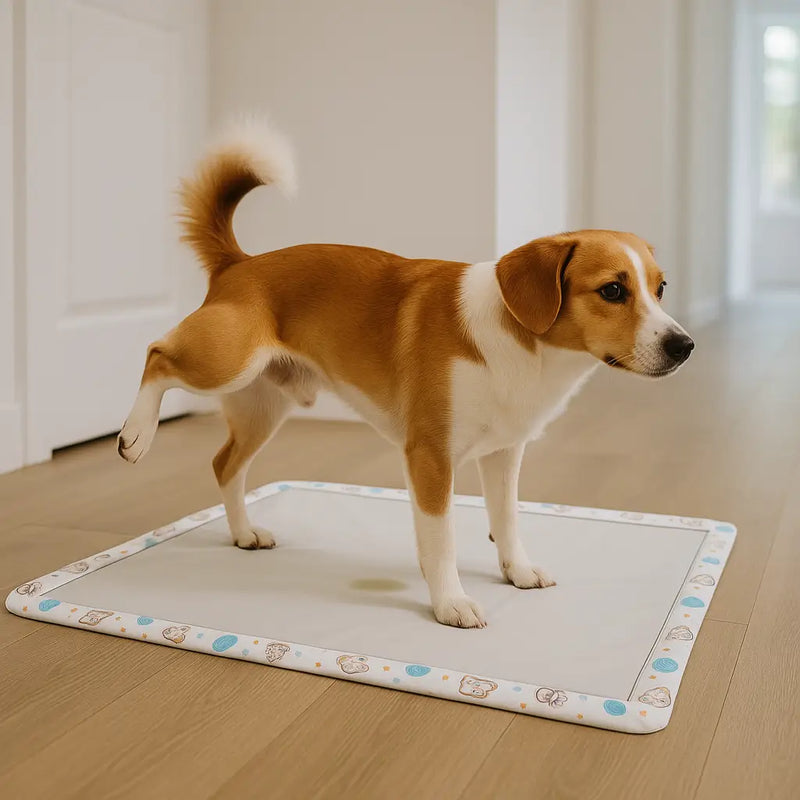 cachorro usando tapete higiênico lavável cinza reutilizável no chão da casa
