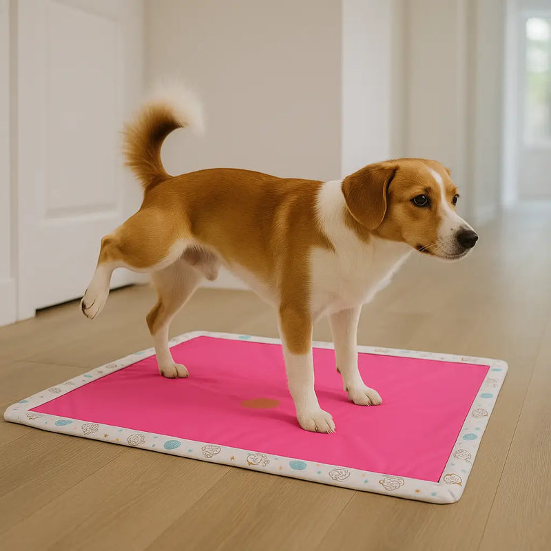 cachorro usando tapete higiênico lavável reutilizável rosa no chão da casa